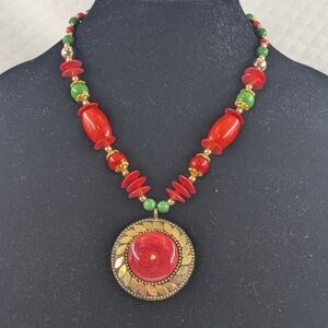 Bohemian Tibetan Style Brass Pendant Red Glass/Christmas Red/Green/Gold